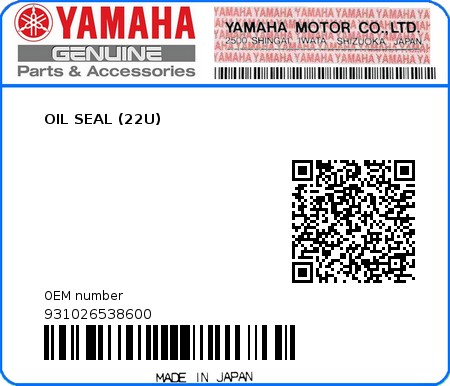 Product image: Yamaha - 931026538600 - OIL SEAL (22U)  0