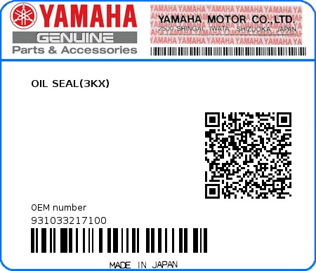 Product image: Yamaha - 931033217100 - OIL SEAL(3KX) 