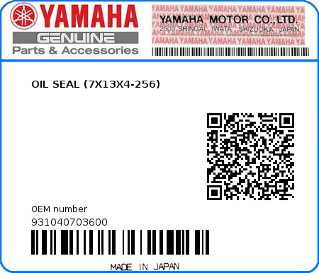 Product image: Yamaha - 931040703600 - OIL SEAL (7X13X4-256) 