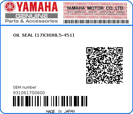 Product image: Yamaha - 931061700600 - OIL SEAL (17X30X8.5-451)  0