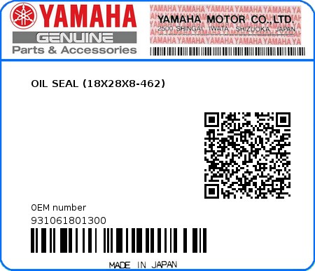 Product image: Yamaha - 931061801300 - OIL SEAL (18X28X8-462)  0