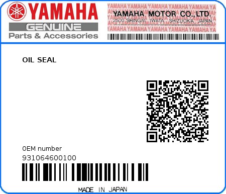 Product image: Yamaha - 931064600100 - OIL SEAL 