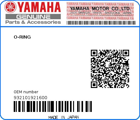 Product image: Yamaha - 932101921600 - O-RING  0