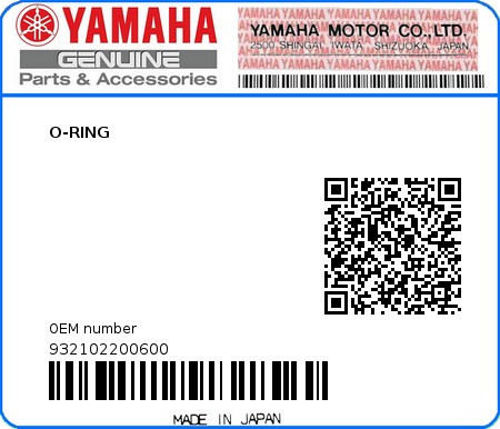Product image: Yamaha - 932102200600 - O-RING  0