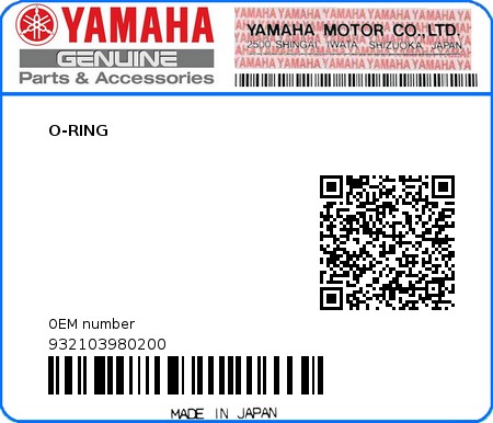 Product image: Yamaha - 932103980200 - O-RING  0