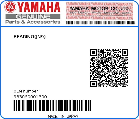 Product image: Yamaha - 933060001300 - BEARING(JN9)  0