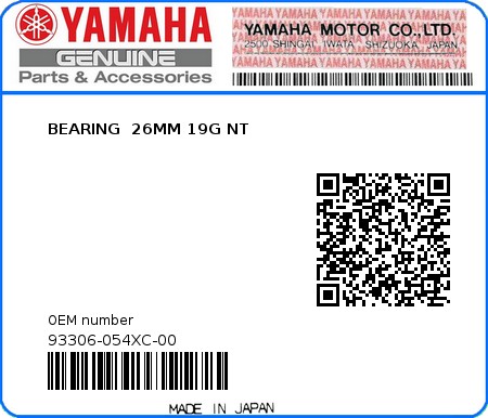 Product image: Yamaha - 93306-054XC-00 - BEARING  26MM 19G NT  0