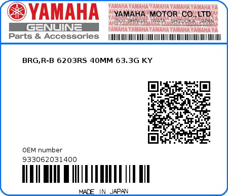 Product image: Yamaha - 933062031400 - BRG,R-B 6203RS 40MM 63.3G KY 