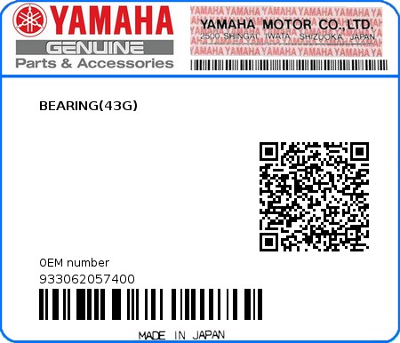 Product image: Yamaha - 933062057400 - BEARING(43G)  0
