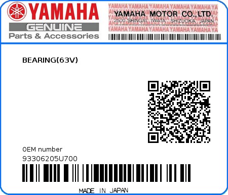 Product image: Yamaha - 93306205U700 - BEARING(63V) 