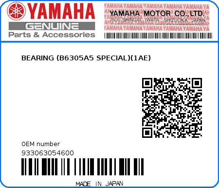 Product image: Yamaha - 933063054600 - BEARING (B6305A5 SPECIAL)(1AE) 