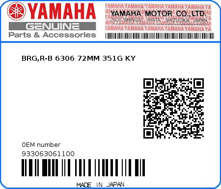 Product image: Yamaha - 933063061100 - BRG,R-B 6306 72MM 351G KY 