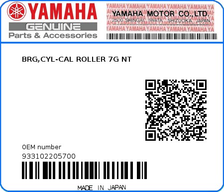 Product image: Yamaha - 933102205700 - BRG,CYL-CAL ROLLER 7G NT 