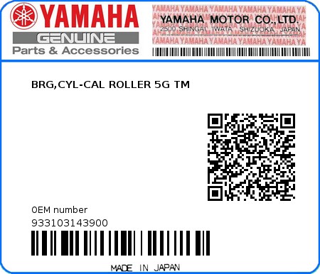 Product image: Yamaha - 933103143900 - BRG,CYL-CAL ROLLER 5G TM 