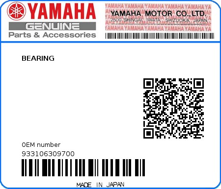 Product image: Yamaha - 933106309700 - BEARING  0