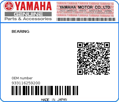 Product image: Yamaha - 933116259200 - BEARING 