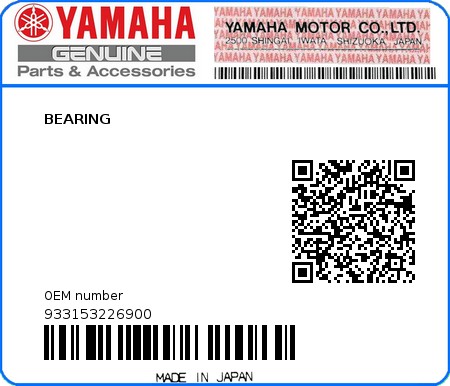 Product image: Yamaha - 933153226900 - BEARING  0