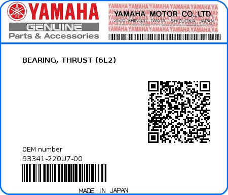 Product image: Yamaha - 93341-220U7-00 - BEARING, THRUST (6L2) 