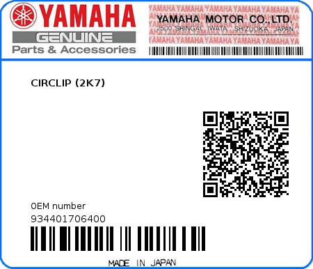Product image: Yamaha - 934401706400 - CIRCLIP (2K7)  0