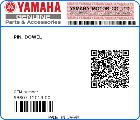 Product image: Yamaha - 93607-12019-00 - PIN, DOWEL  0