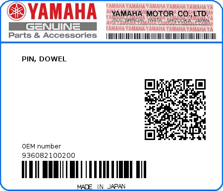 Product image: Yamaha - 936082100200 - PIN, DOWEL 