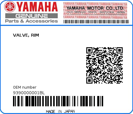 Product image: Yamaha - 9390000001BL - VALVE, RIM   0