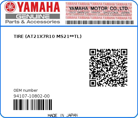 Product image: Yamaha - 94107-10802-00 - TIRE (AT21X7R10 MS21**TL) 