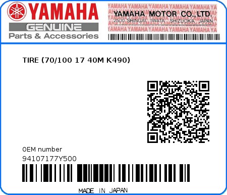 Product image: Yamaha - 94107177Y500 - TIRE (70/100 17 40M K490)   0