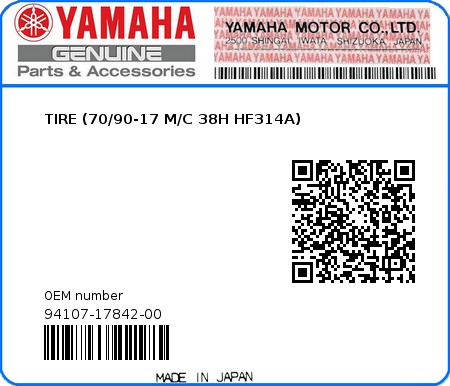 Product image: Yamaha - 94107-17842-00 - TIRE (70/90-17 M/C 38H HF314A) 