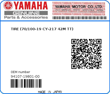 Product image: Yamaha - 94107-19801-00 - TIRE (70/100-19 CY-217 42M TT) 