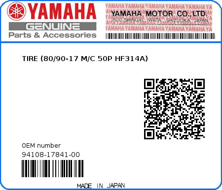Product image: Yamaha - 94108-17841-00 - TIRE (80/90-17 M/C 50P HF314A)  0