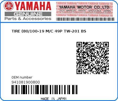 Product image: Yamaha - 941081900800 - TIRE (80/100-19 M/C 49P TW-201 BS 