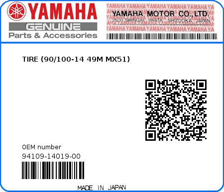 Product image: Yamaha - 94109-14019-00 - TIRE (90/100-14 49M MX51) 