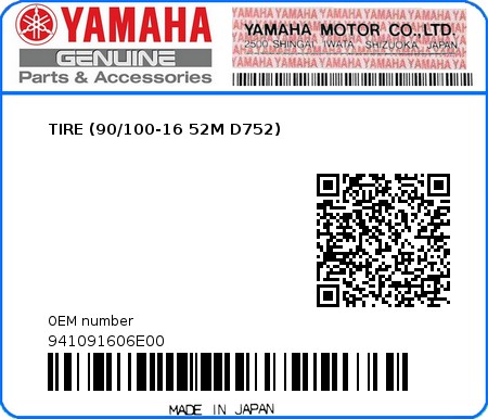 Product image: Yamaha - 941091606E00 - TIRE (90/100-16 52M D752) 