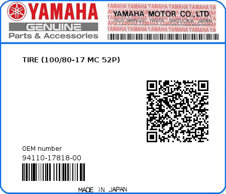 Product image: Yamaha - 94110-17818-00 - TIRE (100/80-17 MC 52P) 