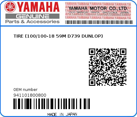 Product image: Yamaha - 941101800800 - TIRE (100/100-18 59M D739 DUNLOP)   0