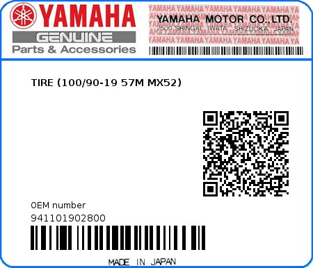 Product image: Yamaha - 941101902800 - TIRE (100/90-19 57M MX52) 