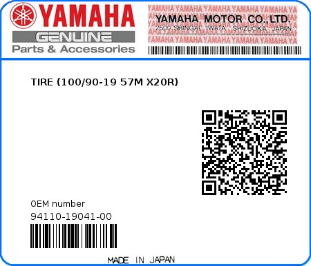 Product image: Yamaha - 94110-19041-00 - TIRE (100/90-19 57M X20R) 