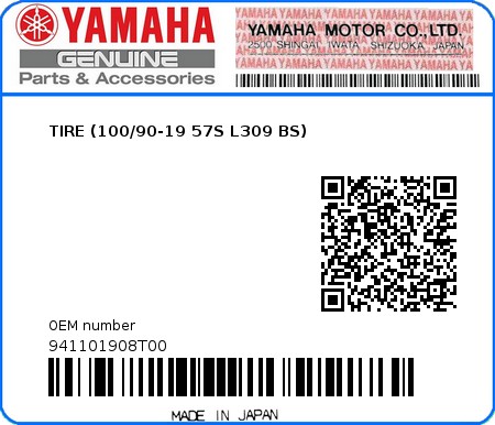 Product image: Yamaha - 941101908T00 - TIRE (100/90-19 57S L309 BS)  0