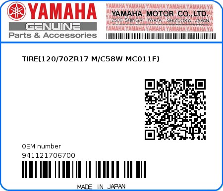 Product image: Yamaha - 941121706700 - TIRE(120/70ZR17 M/C58W MC011F) 