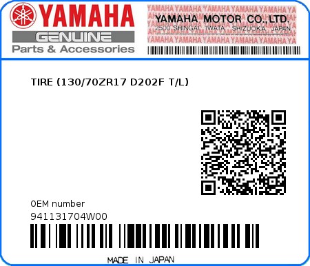 Product image: Yamaha - 941131704W00 - TIRE (130/70ZR17 D202F T/L)  