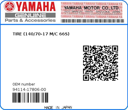 Product image: Yamaha - 94114-17806-00 - TIRE (140/70-17 M/C 66S) 