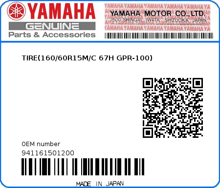 Product image: Yamaha - 941161501200 - TIRE(160/60R15M/C 67H GPR-100) 