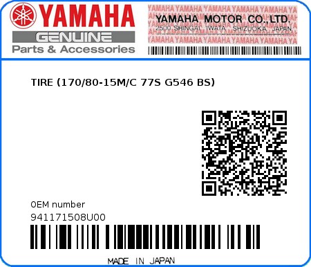 Product image: Yamaha - 941171508U00 - TIRE (170/80-15M/C 77S G546 BS)  0