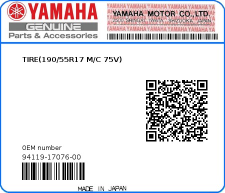 Product image: Yamaha - 94119-17076-00 - TIRE(190/55R17 M/C 75V) 