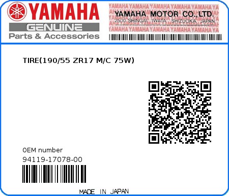 Product image: Yamaha - 94119-17078-00 - TIRE(190/55 ZR17 M/C 75W) 