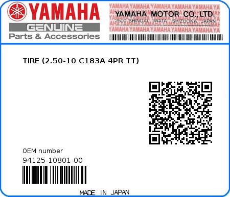 Product image: Yamaha - 94125-10801-00 - TIRE (2.50-10 C183A 4PR TT) 