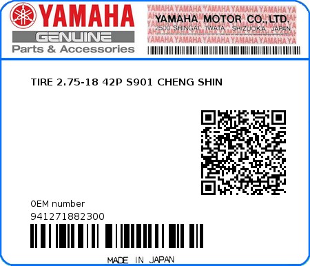 Product image: Yamaha - 941271882300 - TIRE 2.75-18 42P S901 CHENG SHIN 