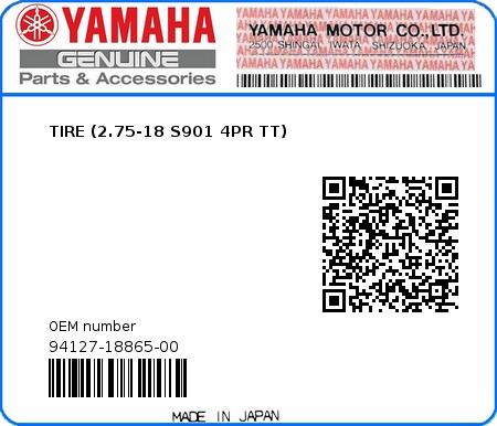 Product image: Yamaha - 94127-18865-00 - TIRE (2.75-18 S901 4PR TT)  0