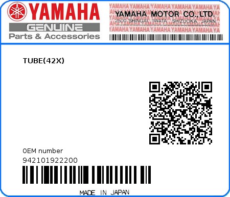 Product image: Yamaha - 942101922200 - TUBE(42X)  0